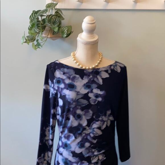 Black Lauren Ralph Lauren Dress with Lavender Floral Pattern & 3/4 Sleeves Sz 12 - Picture 1 of 6